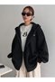 Recreational Thick Cardigan - Black Printed Winter Oversize Hooded Zipper Cardigan with Pockets - 2