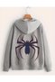 Big Spider Sweatshirt Zippered Cardigan - Gray Printed Oversize Pocket Winter Hoodie - 2
