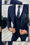 Men's Navy Blue Slim Fit Solid Color Suit with Vest (Necktie and Collar Ornament Gift) - 2