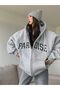 Paradise Text Printed Casual Zippered Sweatshirt Cardigan - Black Oversized Winter Hoodie with Pockets - 4
