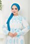 Blue Patterned Linen Evening Dress - Long Hijab Dress 15143 - 6