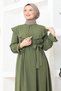 Cape Collar Detailed Belted Hijab Dress Brc1125 Khaki - 3