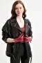 Women's Genuine Leather Jacket with Waist Belt Oversize Model