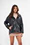 Women's Black Genuine Leather Jacket Hooded Model - 5