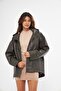 Women's Khaki Color Genuine Leather Jacket Hooded Model