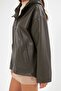 Women's Khaki Color Genuine Leather Jacket Hooded Model - 6
