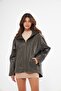 Women's Khaki Color Genuine Leather Jacket Hooded Model - 4
