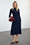 Satin Midi Navy Blue Straight Cut Dress - Twoaw25el00183