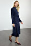 Satin Midi Navy Blue Straight Cut Dress - Twoaw25el00183 - 2