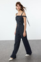Navy Blue Striped Belted Sleeve Adjustable Tie up Long Jumpsuit Twoaw25Tu00017 - 2