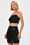 Sequin and Flexible Fabric Lined Crop Bustier with String Straps - Black - 5