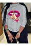 Women's Gray Still Lip Print Crew Neck Oversize Sweatshirt