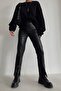 Women's Leather Black Trousers with Front Slit
