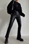 Women's Leather Black Trousers with Front Slit - 2