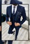 Men's Navy Blue Slim Fit Solid Color Suit with Vest (Necktie and Collar Ornament Gift)