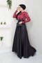 Satin Flock Patterned Evening Dress 2709 - Black and Pomegranate Fashion Clothing - 3