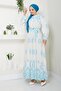 Blue Patterned Linen Evening Dress - Long Hijab Dress 15143 - 2