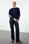 Lacivert Dokuma Detaylı Relaxed/Rahat Kalıp Kalın İçi Polarlı Örme Sweatshirt TWOAW25SW00079 - 2