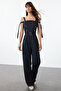 Navy Blue Striped Belted Sleeve Adjustable Tie up Long Jumpsuit Twoaw25Tu00017