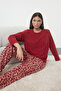 Kırmızı Leopar Desenli Polar Kışlık Örme Pijama Takımı THMAW25PT00123