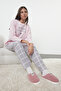 Pudra Ekoseli Slogan ve Kalpli Polar Kışlık Örme Pijama Takımı THMAW25PT00124 - 3