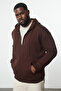 Kahverengi Büyük Beden Oversize Basic Kapüşonlu Fermuarlı İçi Polar Pamuk Sweatshirt TMNAW24AO00003 - 2