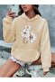 Women's Beige Three Daisies Printed 3 Thread Hooded Hoodie Sweatshirt