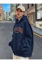Women's Navy Blue Teamed Printed Hooded Sweatshirt - 4