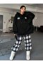 Women's Black Daily Printed Oversize Hooded Sweatshirt Hoodie - 3