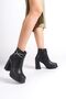Medium Thick High Heeled Skin Black Shiny Cross Stone Detailed Zippered Short Classic Boots Bootie