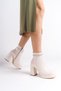 Medium Thick High Heeled Patent Leather Cream Shiny Stone Strip Detailed Zippered Short Classic Boots Bootie - 6