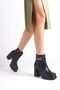 Medium Thick High Heeled Skin Black Shiny Cross Stone Detailed Zippered Short Classic Boots Bootie - 4