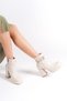 Medium Thick High Heeled Skin Cream Shiny Cross Stone Detailed Zippered Short Classic Boots Bootie - 5