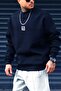 Men's Navy Blue Free Life Printed Thick Soft 3 Thread Raster 0 O-Neck Oversize Loose Sweatshirt - 3