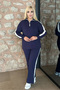 Women's Navy Blue Striped Collar Zippered Lycra Cotton Camisole Plus Size Bottom Top Set - 2