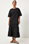 Women's Black Oversize T-Shirt Flounced Knitted Skirt Set Ub00291