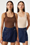 Women's Brown Cream 2-Piece Ribbed Thick Strap Knitted Undershirt Hj00010