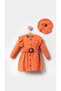 Girl's Orange Long Sleeve Cotton Dress - With Hat And Belt Detail, Trendy Comfortable Party Dress - 2