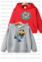 Cartoon Bear Printed Unisex Double Pack Gray-Red Hooded Children's Sweatshirt Hoodie