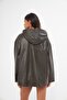 Women's Khaki Color Genuine Leather Jacket Hooded Model - 7