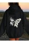 Women's Black Butterfly Daisy Printed 3 Thread Hooded Hoodie Sweatshirt