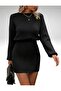 Elastic Waist Model Long Sleeve Crew Neck Comfortable Fit Mini Knitwear Dress - 5