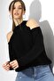 Women's Black Half Fisherman Shoulder Low-cut Casual Knitwear Sweater - 2