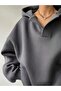 Unisex V-Yaka Kapüşonlu Basic Kol Baskılı Oversize Swetshirt - 3