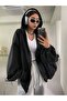 Unprinted Women's Black Pocketed Hooded Zippered Sweatshirt Cardigan - 2