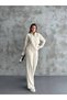 Women's Ribbed Collar Zippered Leg Slits Side Zipper Knitwear Suit Ecru
