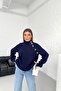 Women's Navy Blue High Collar Raglan Sleeve Button Detail Sweater - 5
