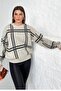 Beige Plaid Patterned Knitwear Sweater - 4