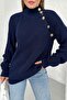 Women's Navy Blue High Collar Raglan Sleeve Button Detail Sweater