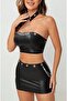Sexy Suit with Chain Large Eyelet Detail Leather Bustier Skirt - 2